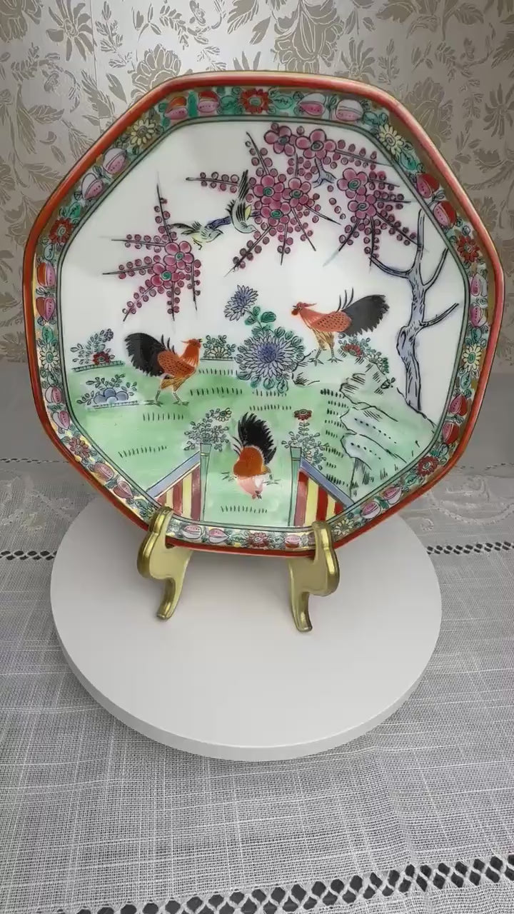 Vintage Kutani Ware Dish – Hand-Painted Roosters & Blossoms – Octagonal Japanese Porcelain