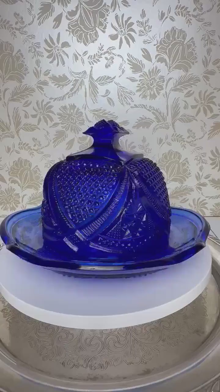 Vintage Cobalt Blue Pressed Glass Butter Dish – Lidded Dome Mid-Century Elegance
