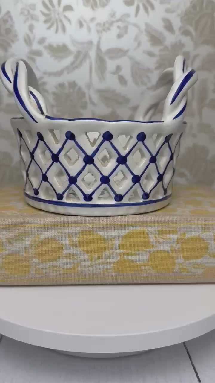 Vintage Portuguese Hand-Painted Ceramic Basket with Braided Handles